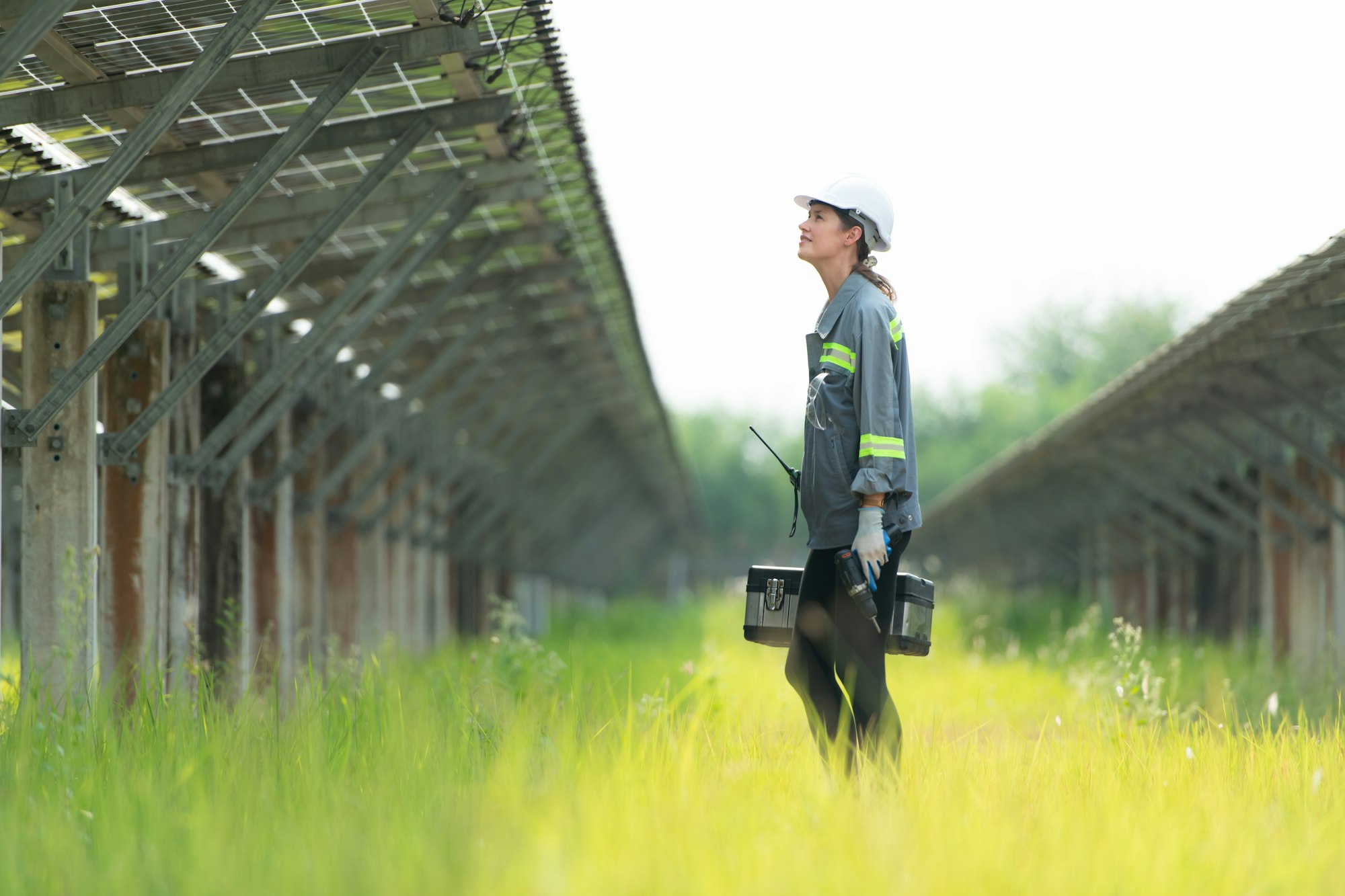 Technicians are walking to inspect solar panels according